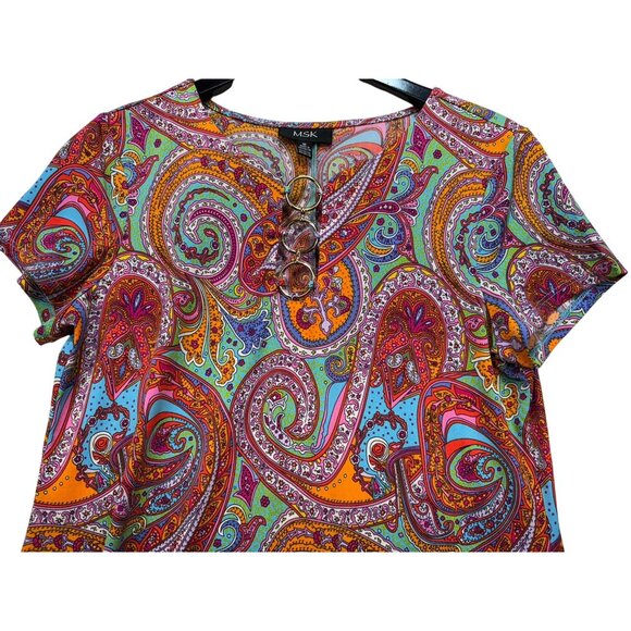 MSK Womens Paisley Short Sleeve Dress With Gold Rings & V-Neckline - Picture 6 of 12